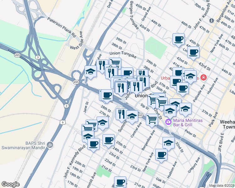 map of restaurants, bars, coffee shops, grocery stores, and more near 3133 John F. Kennedy Boulevard in North Bergen