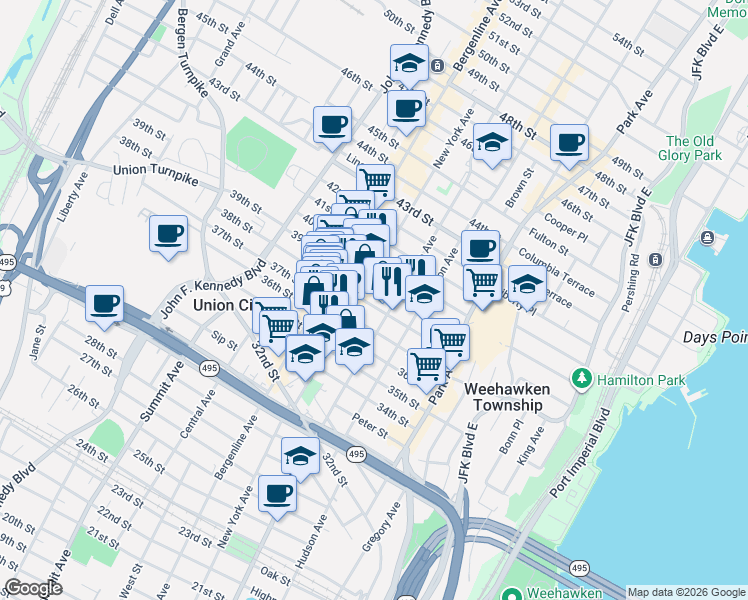 map of restaurants, bars, coffee shops, grocery stores, and more near in Union City