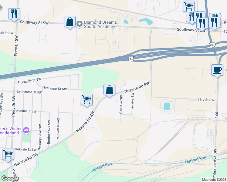 map of restaurants, bars, coffee shops, grocery stores, and more near 4559 Navarre Road Southwest in Canton
