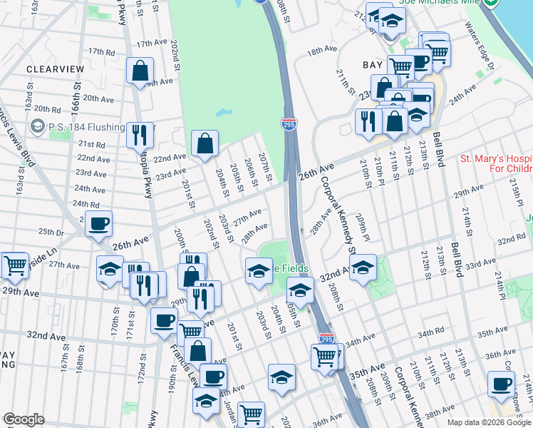 map of restaurants, bars, coffee shops, grocery stores, and more near 203-52 27th Avenue in Queens