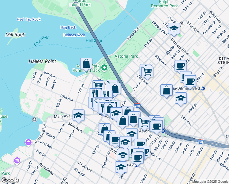 map of restaurants, bars, coffee shops, grocery stores, and more near 25-06 21st Street in Queens