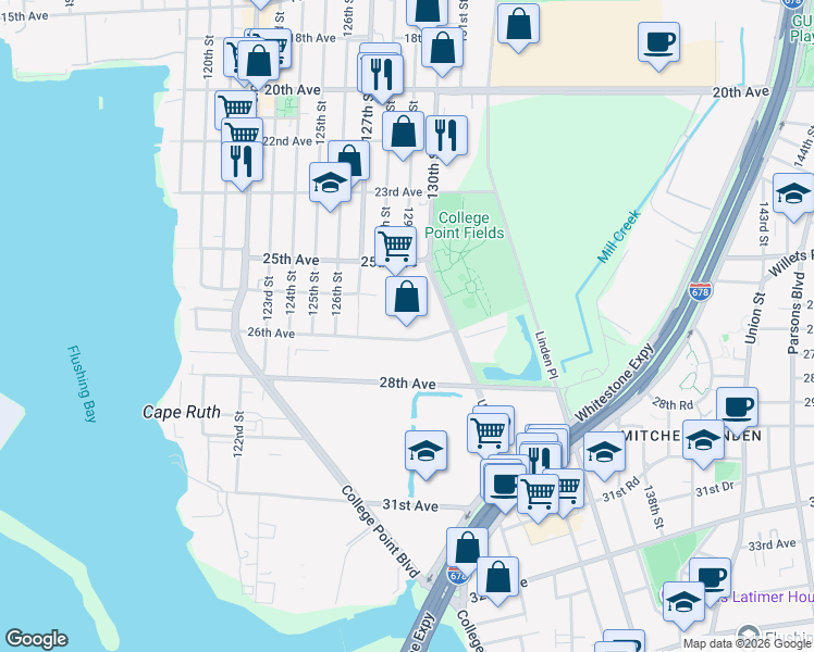 map of restaurants, bars, coffee shops, grocery stores, and more near 128-9 26th Avenue in Queens