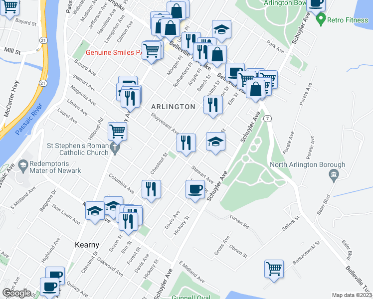 map of restaurants, bars, coffee shops, grocery stores, and more near 754 Devon Street in Kearny