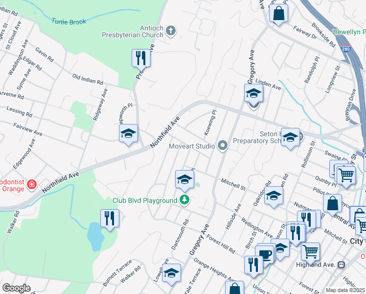 map of restaurants, bars, coffee shops, grocery stores, and more near 2 Collamore Terrace in West Orange