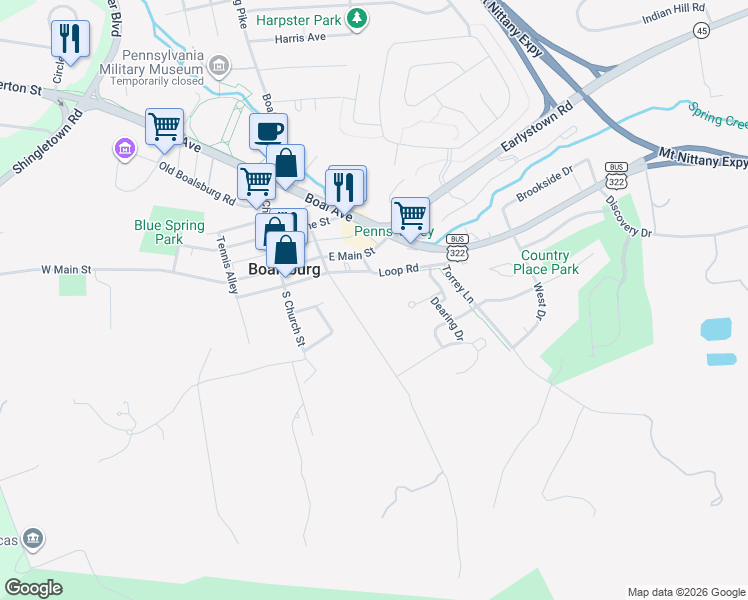 map of restaurants, bars, coffee shops, grocery stores, and more near 101 Academy Street in Boalsburg
