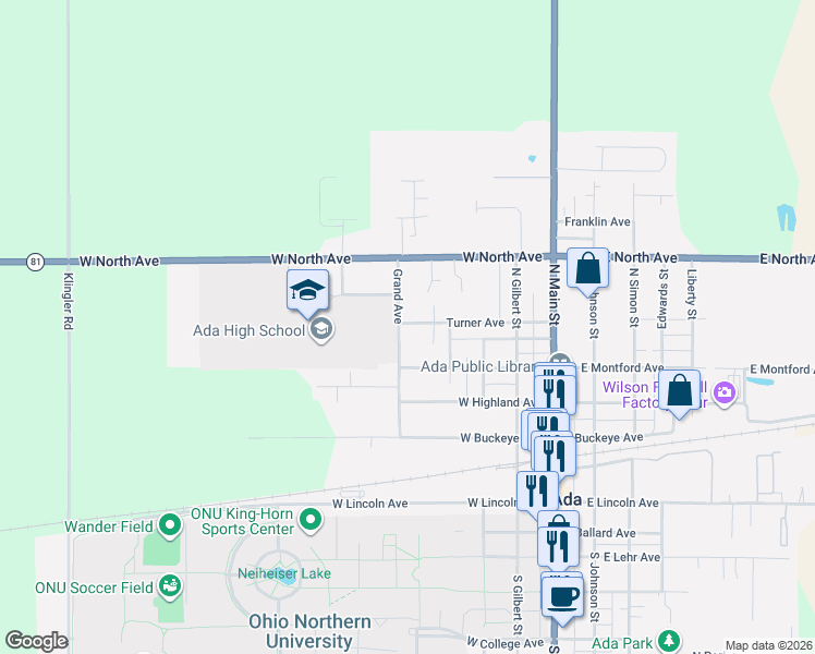 map of restaurants, bars, coffee shops, grocery stores, and more near 434 Grand Avenue in Ada