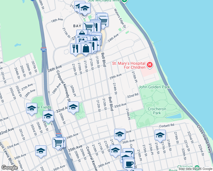 map of restaurants, bars, coffee shops, grocery stores, and more near 29-20 Bell Boulevard in Queens