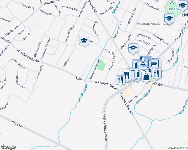 map of restaurants, bars, coffee shops, grocery stores, and more near 119 Meadowbrook Road in Livingston
