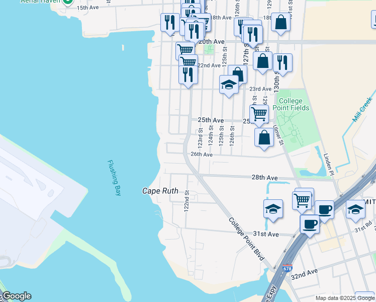 map of restaurants, bars, coffee shops, grocery stores, and more near 122-01 26th Avenue in Queens