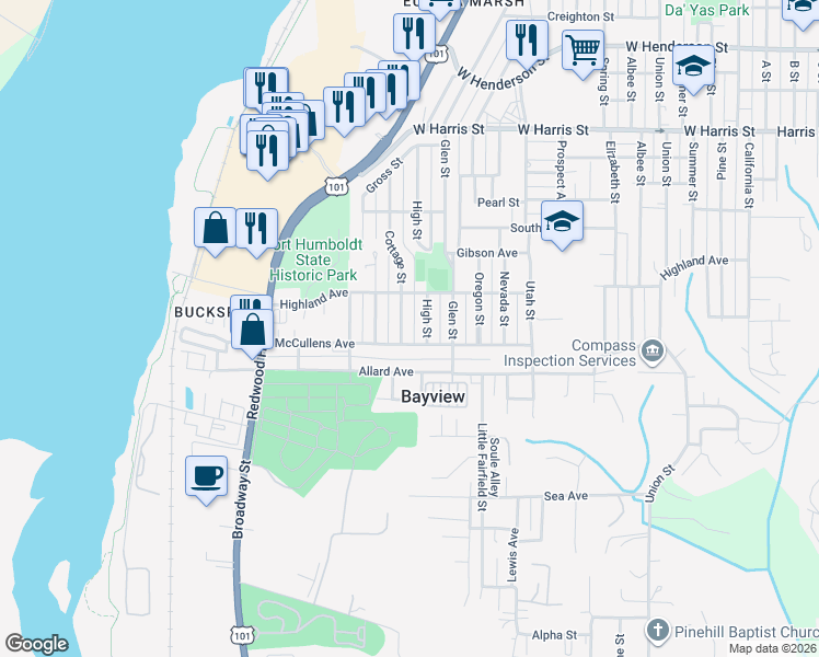 map of restaurants, bars, coffee shops, grocery stores, and more near 3565 Cottage Street in Eureka