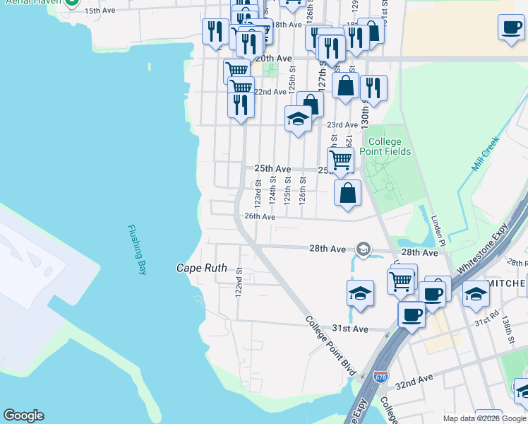 map of restaurants, bars, coffee shops, grocery stores, and more near 123-11 26th Avenue in Queens