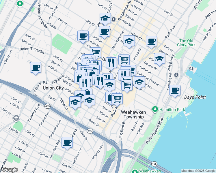 map of restaurants, bars, coffee shops, grocery stores, and more near 208 39th Street in Union City