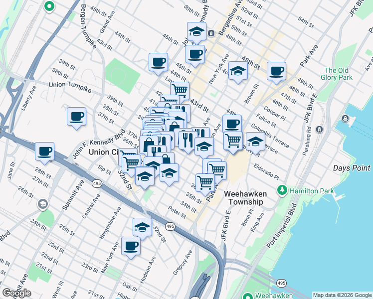 map of restaurants, bars, coffee shops, grocery stores, and more near in Union City