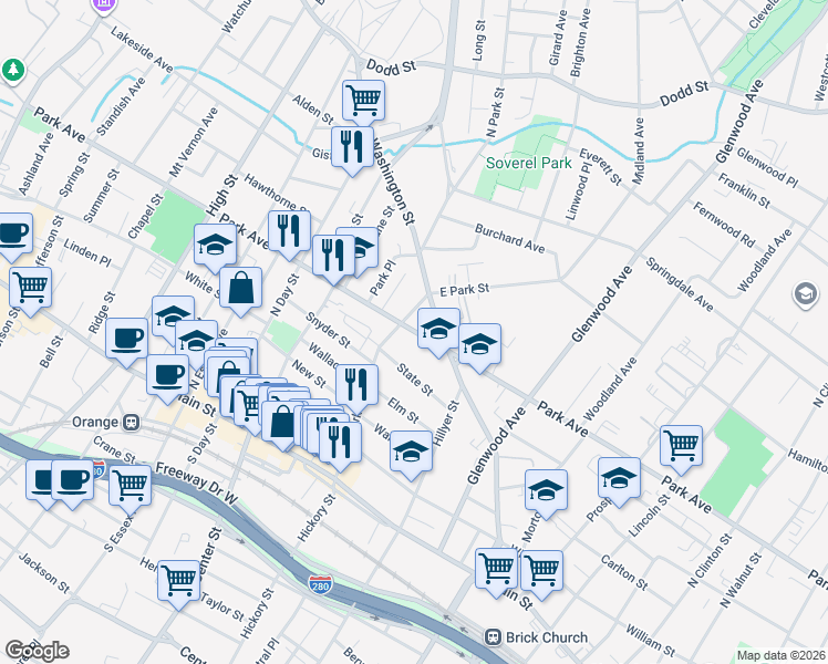 map of restaurants, bars, coffee shops, grocery stores, and more near 730 Park Avenue in East Orange