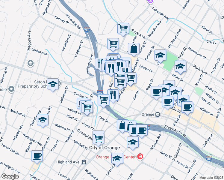 map of restaurants, bars, coffee shops, grocery stores, and more near 360 Valley Road in West Orange