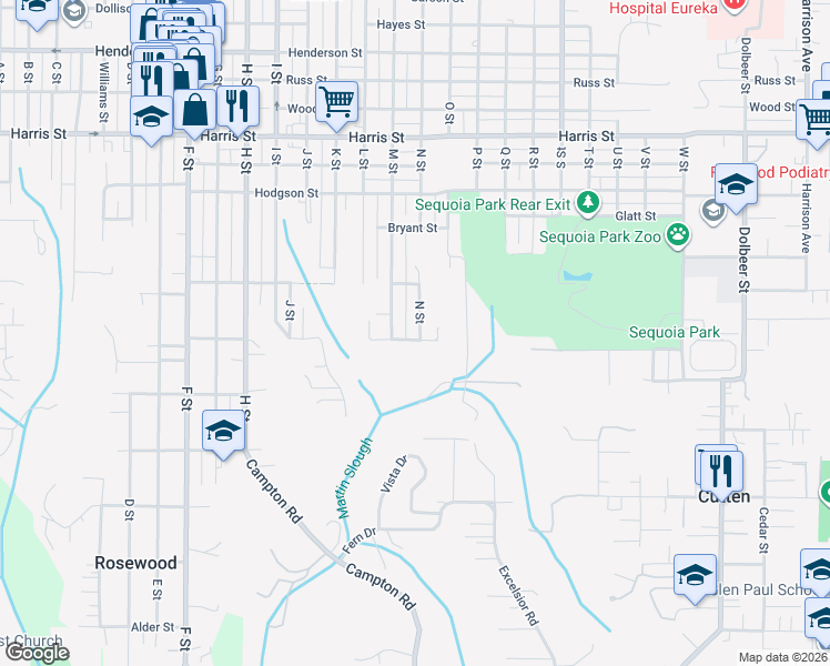 map of restaurants, bars, coffee shops, grocery stores, and more near 1249 Madrone Avenue in Eureka