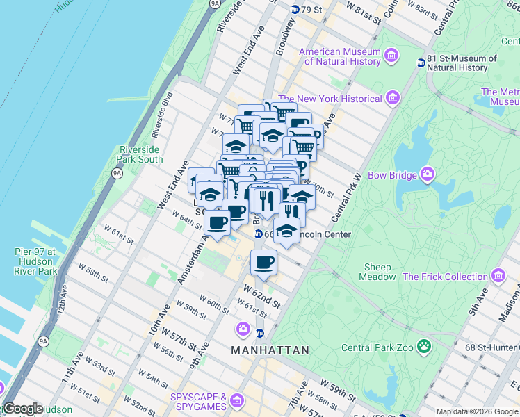 map of restaurants, bars, coffee shops, grocery stores, and more near 150 Columbus Avenue in New York