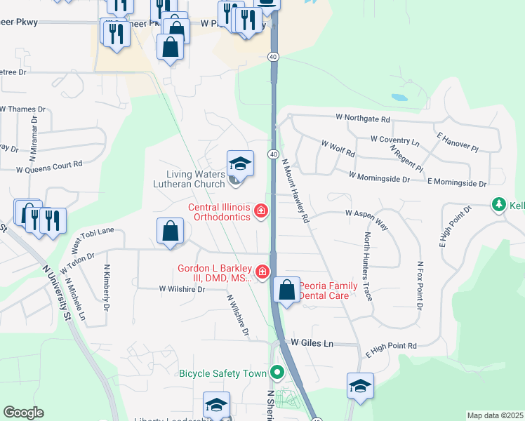 map of restaurants, bars, coffee shops, grocery stores, and more near 7211 N Knoxville Ave in Peoria