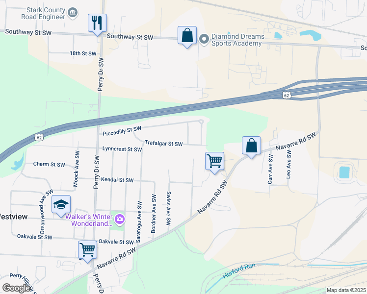 map of restaurants, bars, coffee shops, grocery stores, and more near 4806 Trafalgar Street Southwest in Canton