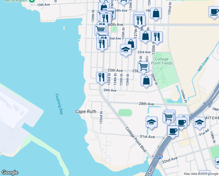 map of restaurants, bars, coffee shops, grocery stores, and more near 123-11 26th Avenue in Queens