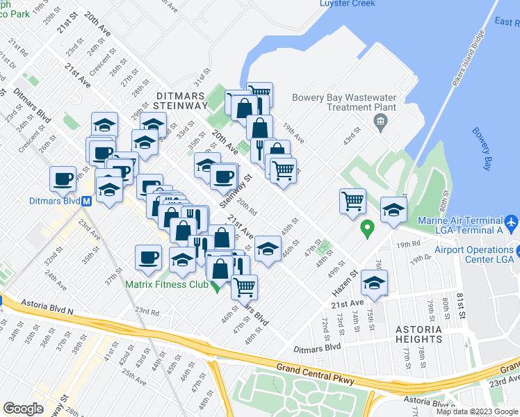 map of restaurants, bars, coffee shops, grocery stores, and more near 41-08 20th Road in Queens