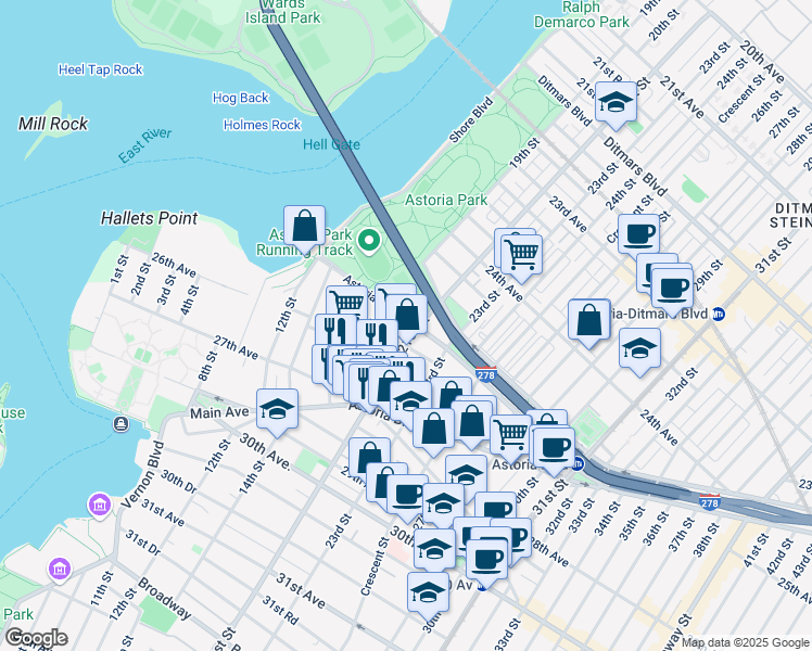 map of restaurants, bars, coffee shops, grocery stores, and more near 25-06 21st Street in Queens