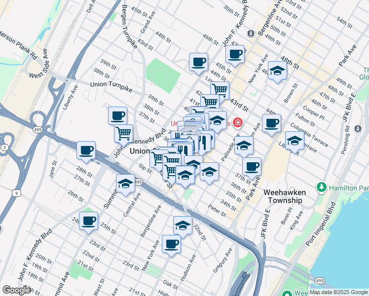 map of restaurants, bars, coffee shops, grocery stores, and more near 512 36th Street in Union City