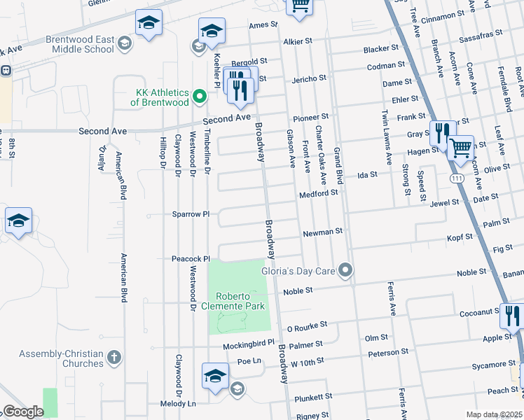 map of restaurants, bars, coffee shops, grocery stores, and more near 214 Loeffler Street in Brentwood