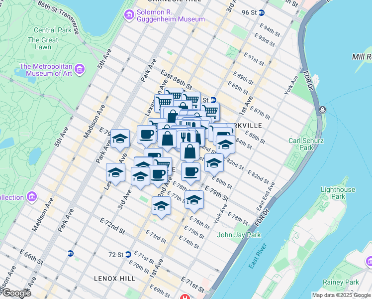 map of restaurants, bars, coffee shops, grocery stores, and more near East 81st Street in New York