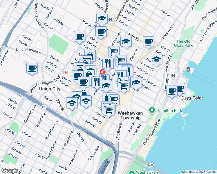map of restaurants, bars, coffee shops, grocery stores, and more near 125 40th Street in Union City