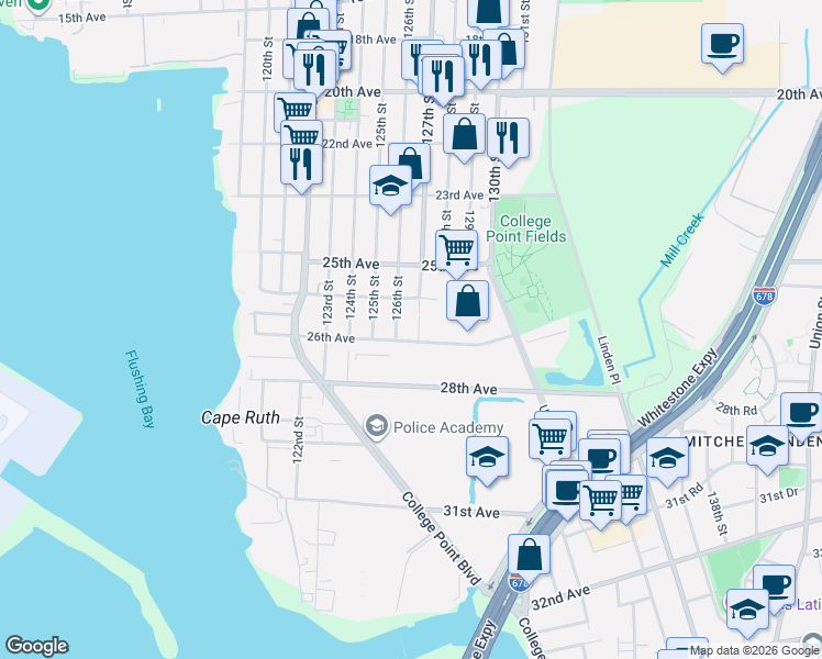 map of restaurants, bars, coffee shops, grocery stores, and more near 25-72 127th Street in Queens