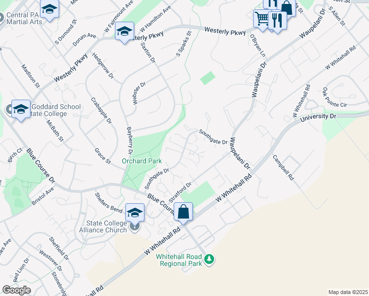 map of restaurants, bars, coffee shops, grocery stores, and more near Highlandon Court in State College