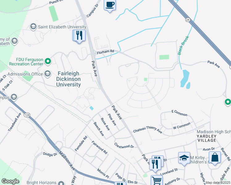 map of restaurants, bars, coffee shops, grocery stores, and more near 90 Park Avenue in Florham Park