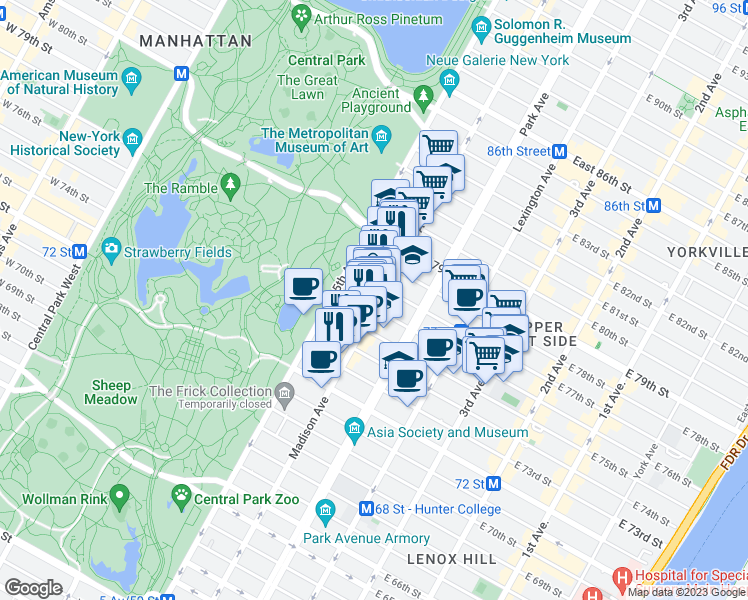 map of restaurants, bars, coffee shops, grocery stores, and more near 976 Madison Avenue in New York