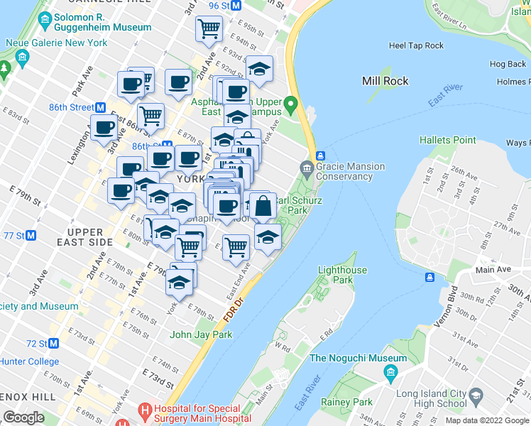 map of restaurants, bars, coffee shops, grocery stores, and more near 120 East End Avenue in New York