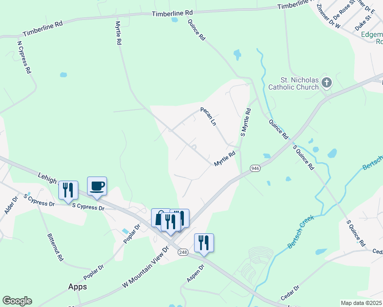 map of restaurants, bars, coffee shops, grocery stores, and more near 1097 Myrtle Road in Walnutport
