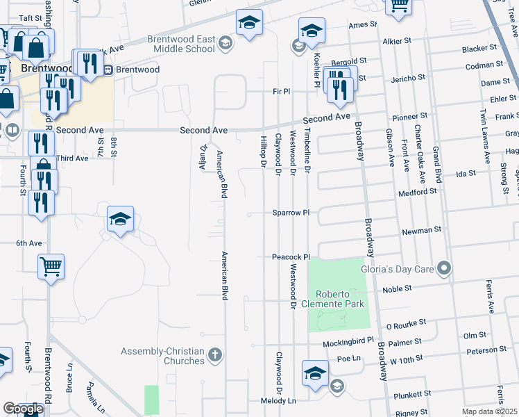 map of restaurants, bars, coffee shops, grocery stores, and more near 134 Hilltop Drive in Brentwood