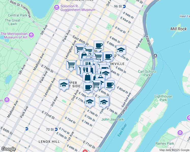 map of restaurants, bars, coffee shops, grocery stores, and more near 324 East 82nd Street in New York