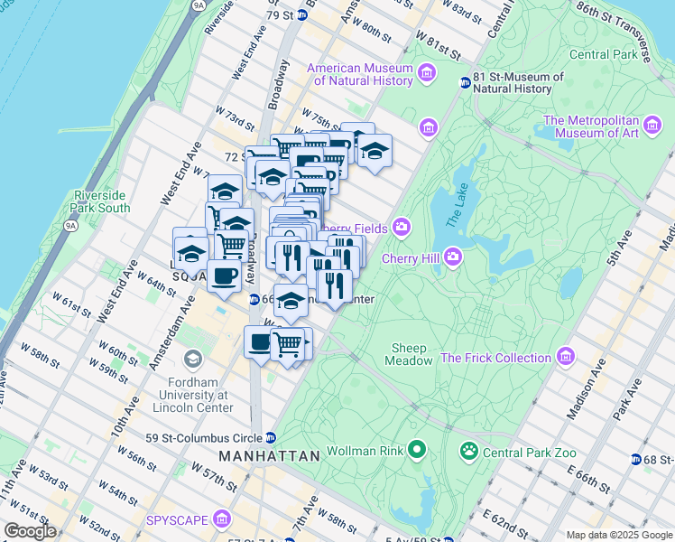 map of restaurants, bars, coffee shops, grocery stores, and more near 15 West 69th Street in New York