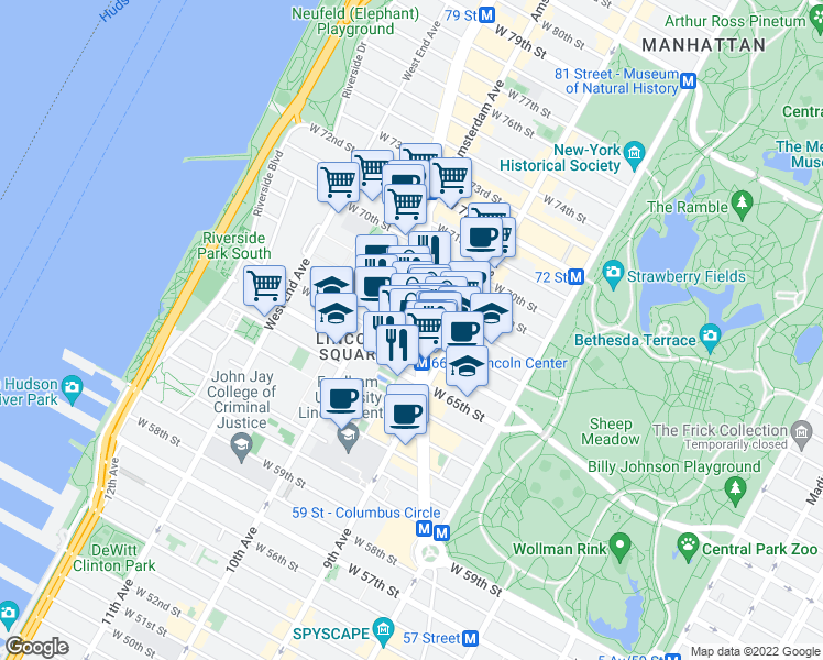 map of restaurants, bars, coffee shops, grocery stores, and more near in New York