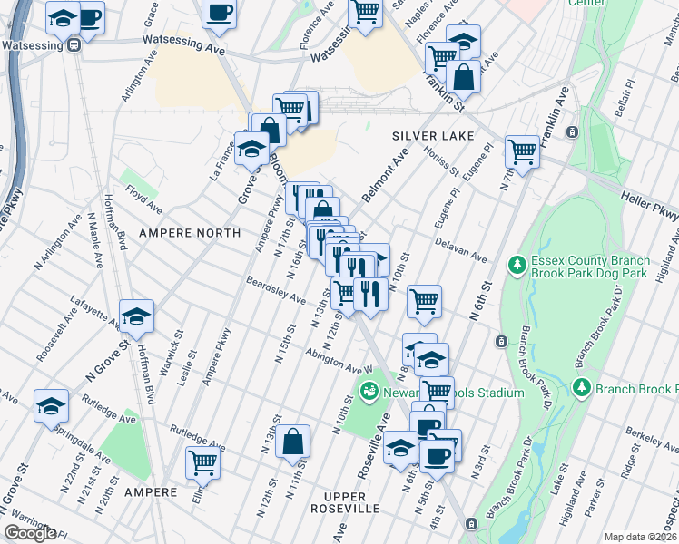 map of restaurants, bars, coffee shops, grocery stores, and more near 134 Davenport Avenue in Newark