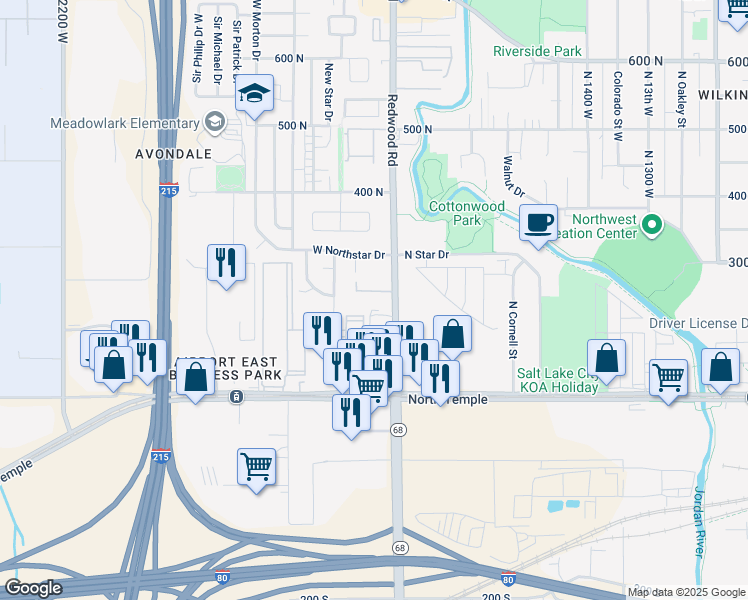 map of restaurants, bars, coffee shops, grocery stores, and more near 233 North Redwood Road in Salt Lake City