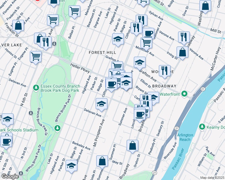 map of restaurants, bars, coffee shops, grocery stores, and more near 659 Mount Prospect Avenue in Newark