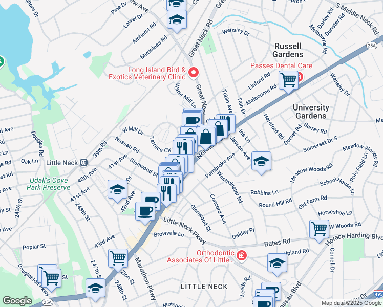 map of restaurants, bars, coffee shops, grocery stores, and more near 509 Great Neck Road in Great Neck