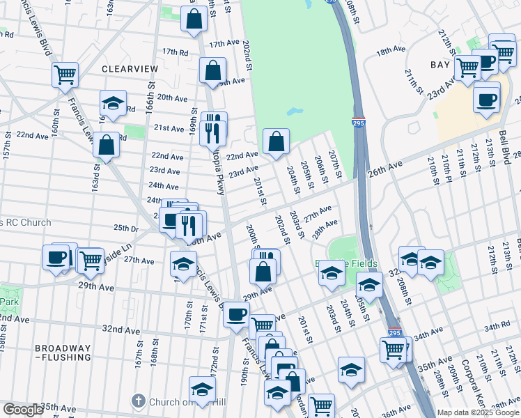 map of restaurants, bars, coffee shops, grocery stores, and more near 200-19 26th Avenue in Queens