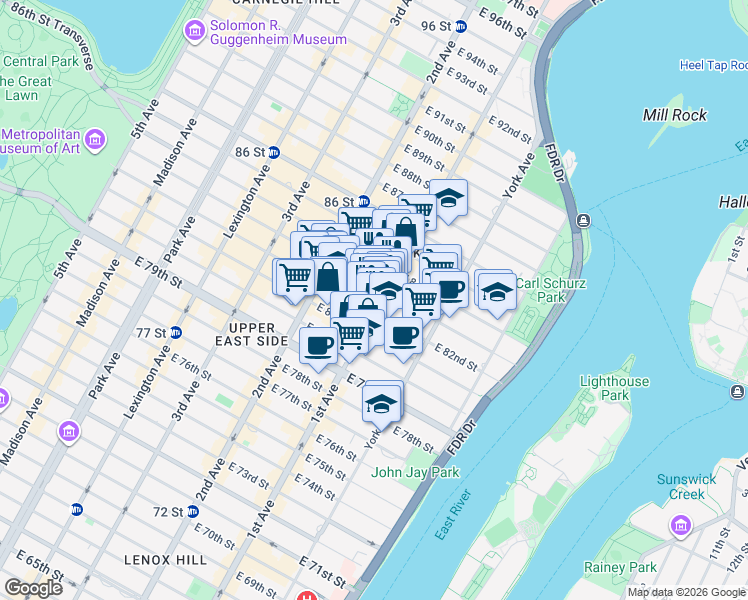 map of restaurants, bars, coffee shops, grocery stores, and more near 353 East 82nd Street in New York