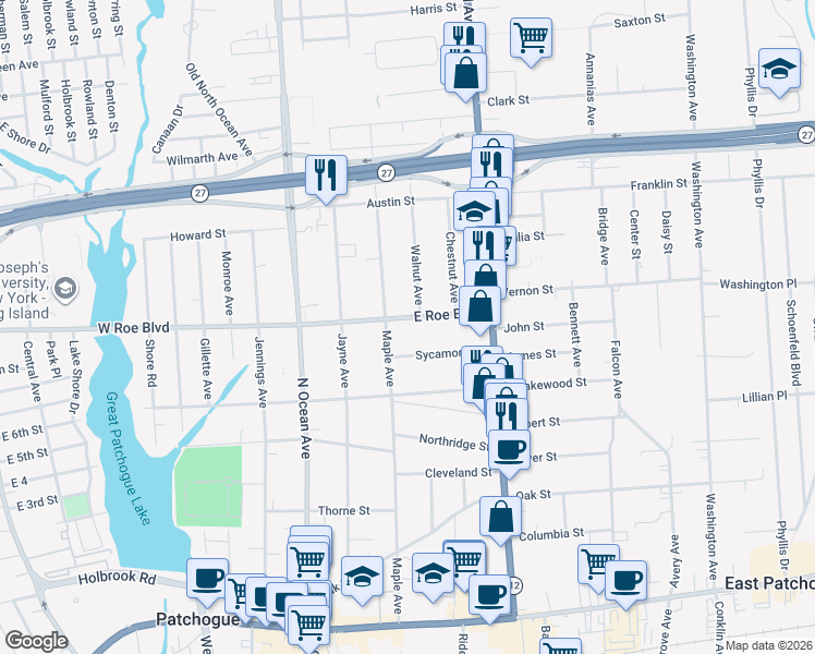 map of restaurants, bars, coffee shops, grocery stores, and more near 90 East Roe Boulevard in Patchogue