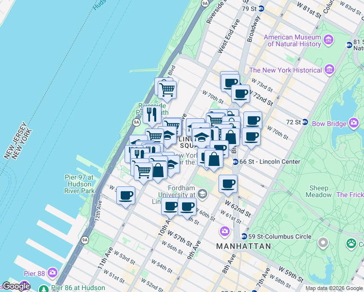 map of restaurants, bars, coffee shops, grocery stores, and more near 240 West 65th Street in New York