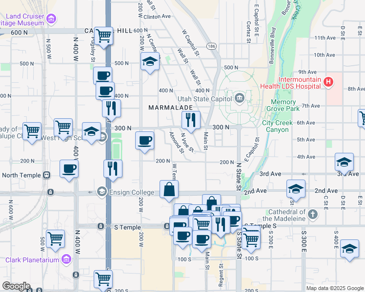 map of restaurants, bars, coffee shops, grocery stores, and more near 245 North Vine Street in Salt Lake City