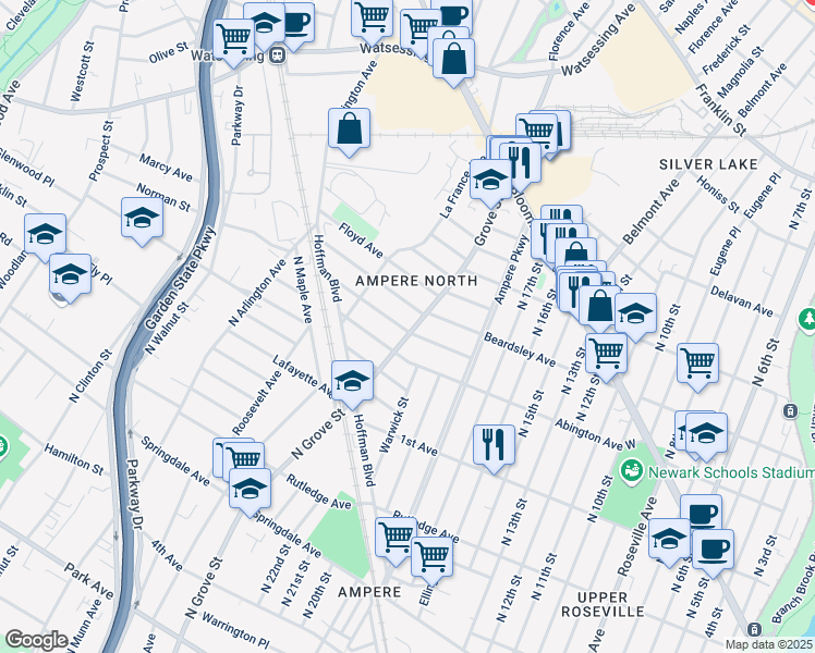 map of restaurants, bars, coffee shops, grocery stores, and more near 39 Grove Street in Bloomfield